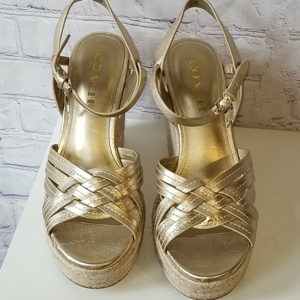Gold Coach Dottie Wedge Sandal Heel 7.5 w/Jewels